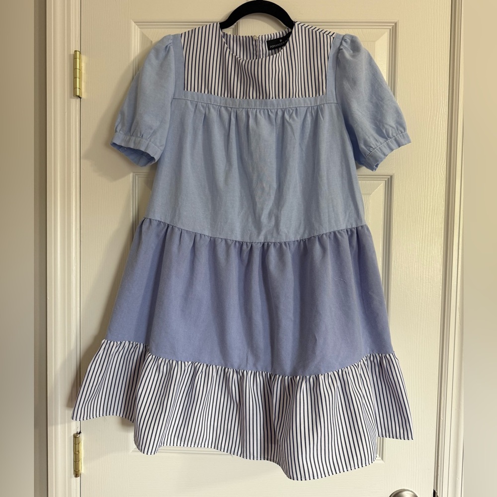 Pomander Place Light Blue White Striped mixed print from Tuckernuck Quinn Dress
